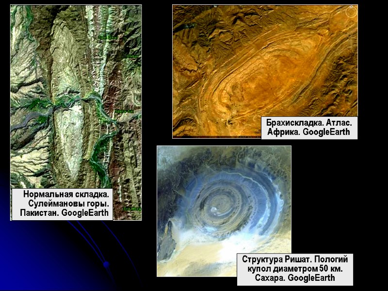 Нормальная складка. Сулеймановы горы. Пакистан. GoogleEarth Брахискладка. Атлас.  Африка. GoogleEarth Структура Ришат. Пологий